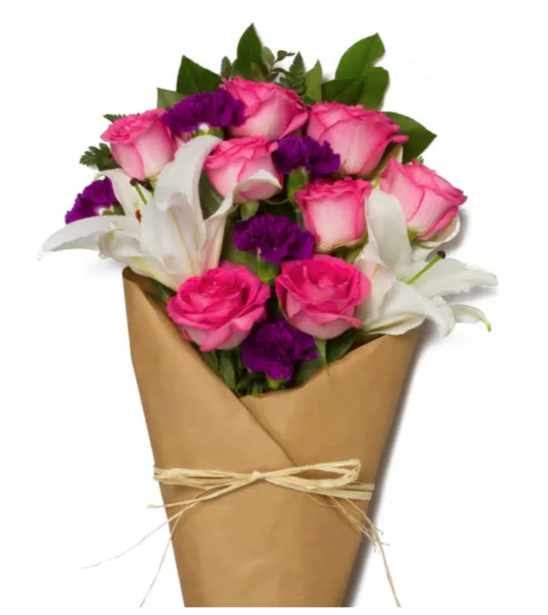 Pink Rose Lily Wrapped Bouquet