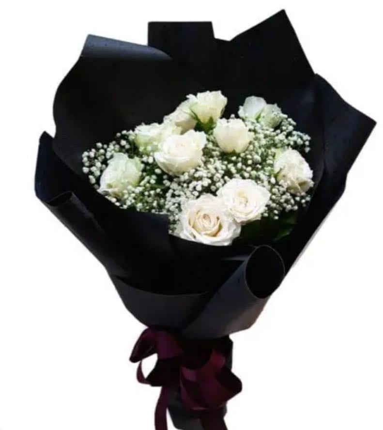 White Roses Black Wrap Bouquet