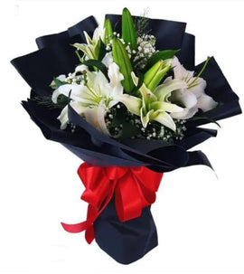 White Lilies Black Wrap Bouquet