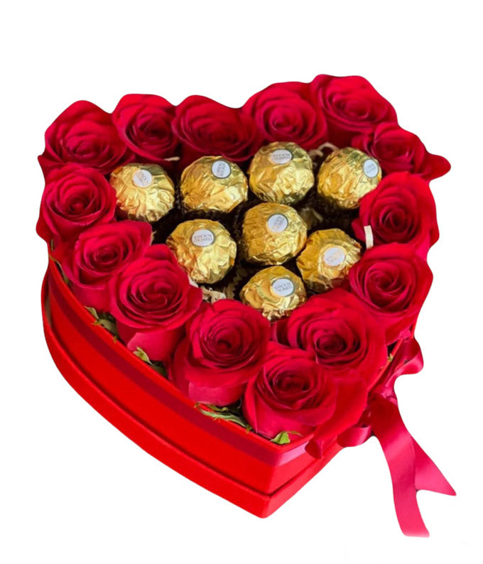 A Heart of Red Roses with Chocolate