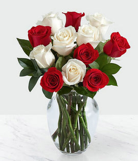 Dozen White and Red Roses with Greenery