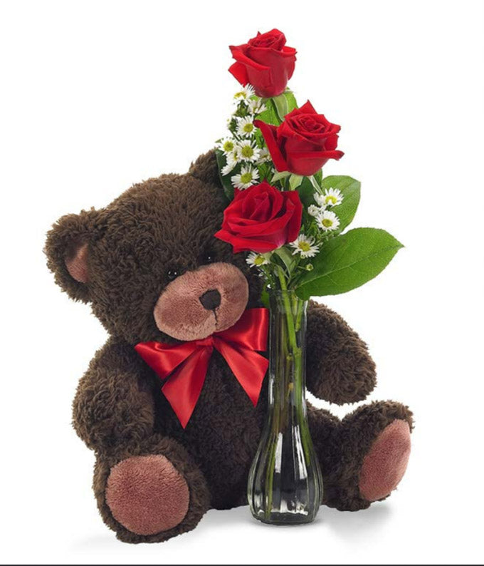 Classic Bud Vase Roses with Bear