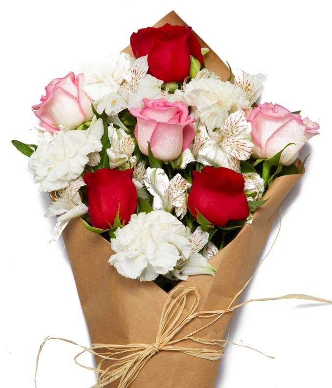 Wrap Dozen Pink & Red Roses